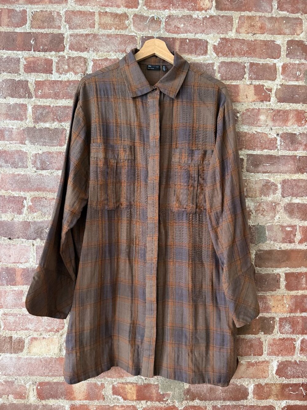 ASOS Design Oversized Plaid Shirt Dress Tunic Brown Tan Flannel Pockets